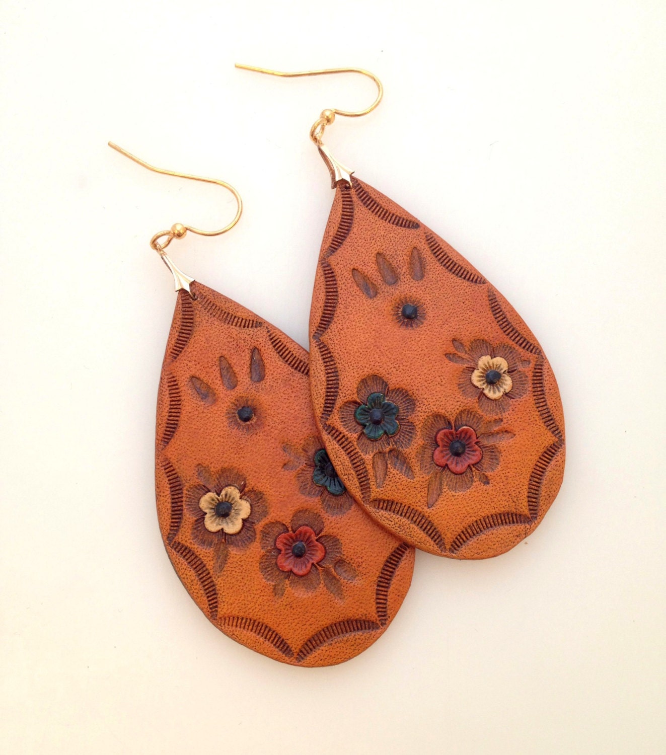 Hand Tooled/Painted Leather Earrings