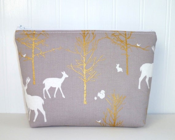 Cosmetic / Make-Up Bag. Zip Pouch, Gadget / Pencil / Phone Case - Timber Valley Grey Fog, Metallic Gold, White, Deer, Wildlife