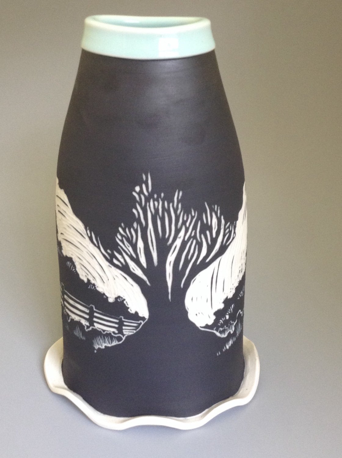 Black and White Porcelain Sgraffito Vase with Tree by oxidepottery