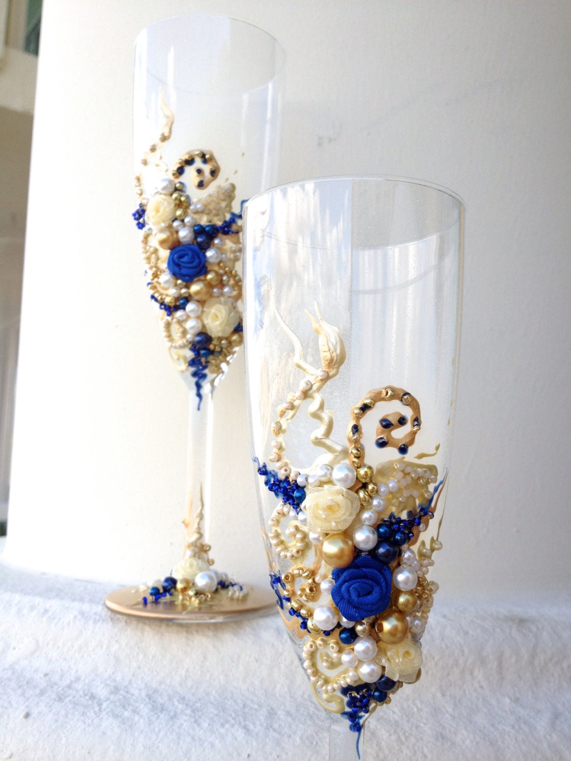 Hand decorated wedding champagne glasses elegant toasting