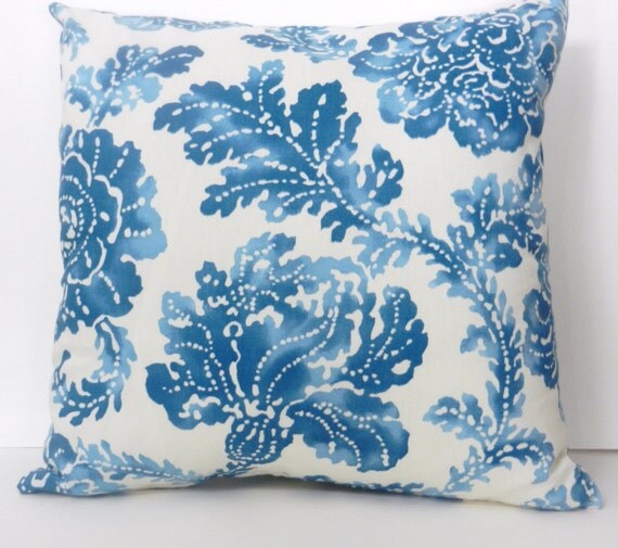 Floral Throw Pillow Cover Blue Cream Screenprint Home Dec