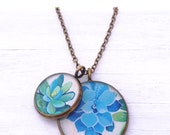 Succulents - Botanical Cluster Necklace - blue green floral art pendant - succulent jewelry