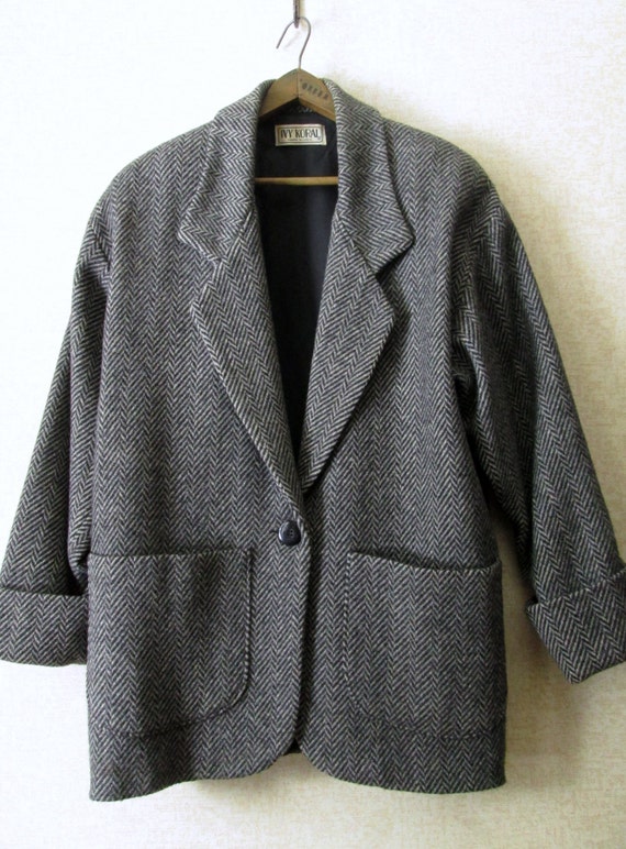 Blanket Jacket oversized coat grey black herringbone wool vintage 80s ...