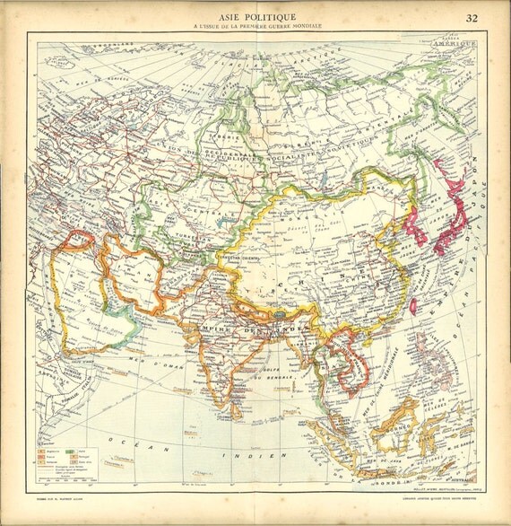 1930s Map of Asia Political Division after WWI Vintage