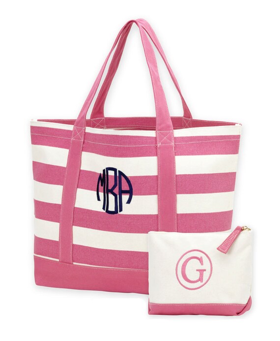 Monogrammed Canvas Tote Bag set, Personalized hot pink stripe tote bag ...