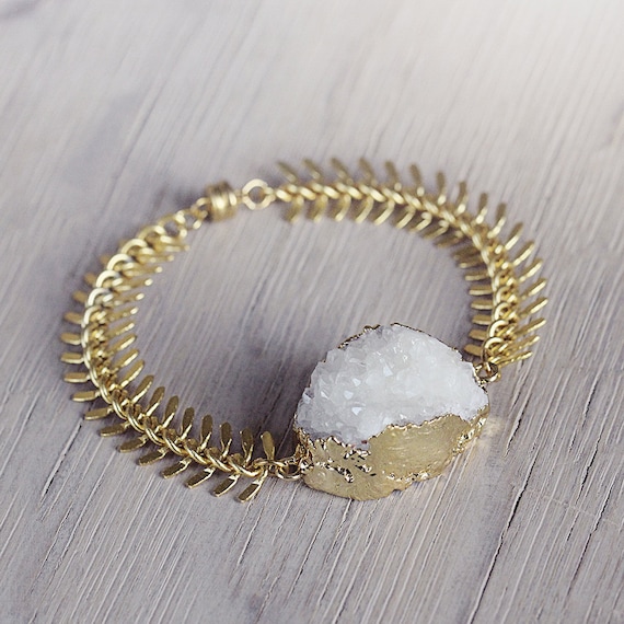 White Druzy Bracelet - Statement White Druzy Jewelry - White Statement Bracelet - Glamorous Bracelet - White and Gold Bracelet