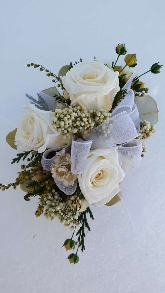 Dried Flower Wrist Corsage White Roses Wristlet by NotJustWeeds