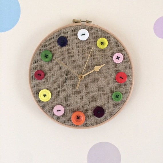 Button Clock - Embroidery Hoop Hessian Buttons Sewing Theme Craft Battery Handmade Non Tick