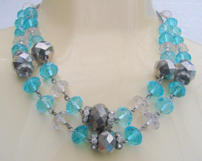 80s Trifari Crystal Glass Bead Necklace / Rhinestone / Aqua Blue / Designer Signed / Vintage Jewelry / Jewellery / Designer Signed