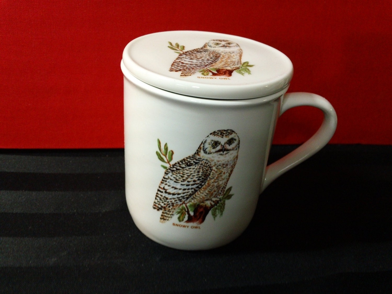 Vintage snowy owl coffee mug with lid coaster haute juice