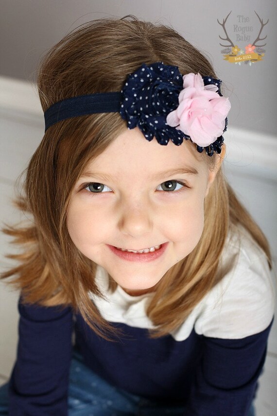 Navy & Pink Baby Headband Navy Blue with White Polka Dots