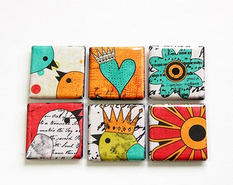Square Magnets, Bird Magnets, Fridge Magnets, Kitchen Magnets, Magnets, button magnets, Bright colors, orange, blue, red,heart,flower (4611)