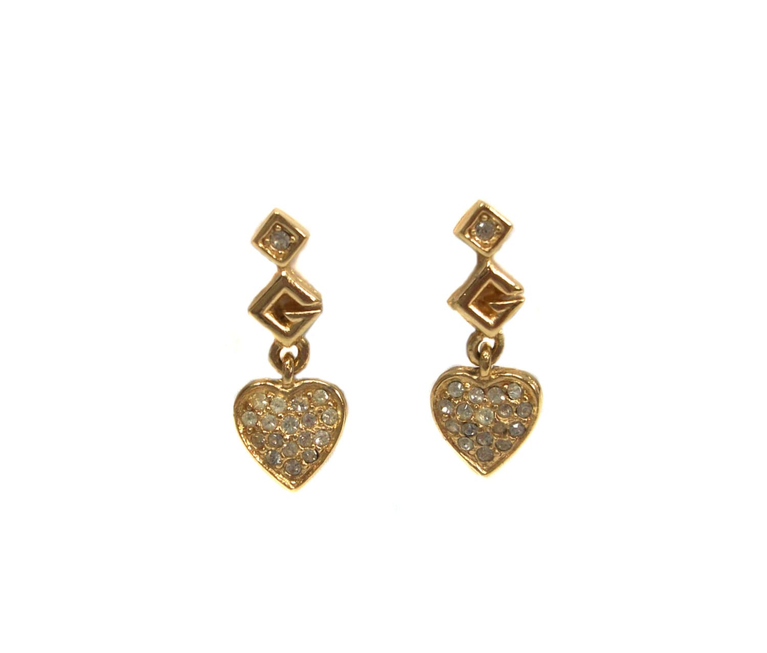 vintage 1980s GIVENCHY heart earrings / gold rhinestones