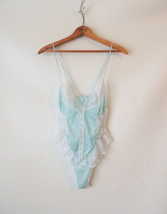 80s Seafoam Lace Teddy / High Cut Lingerie Romper Teddy