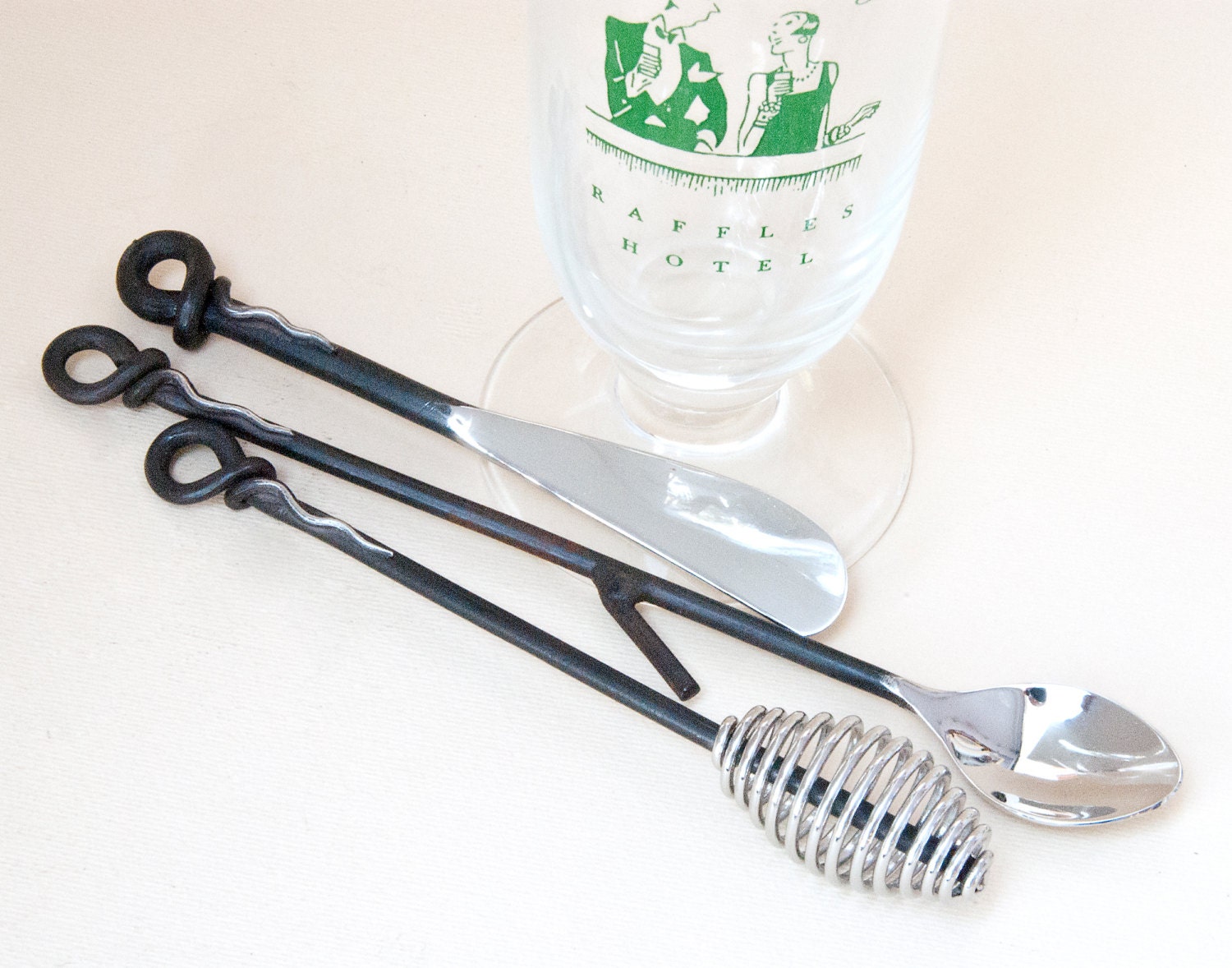 Cocktail Bar Set of Three Metal Utensils, Long Spoon & Whisk