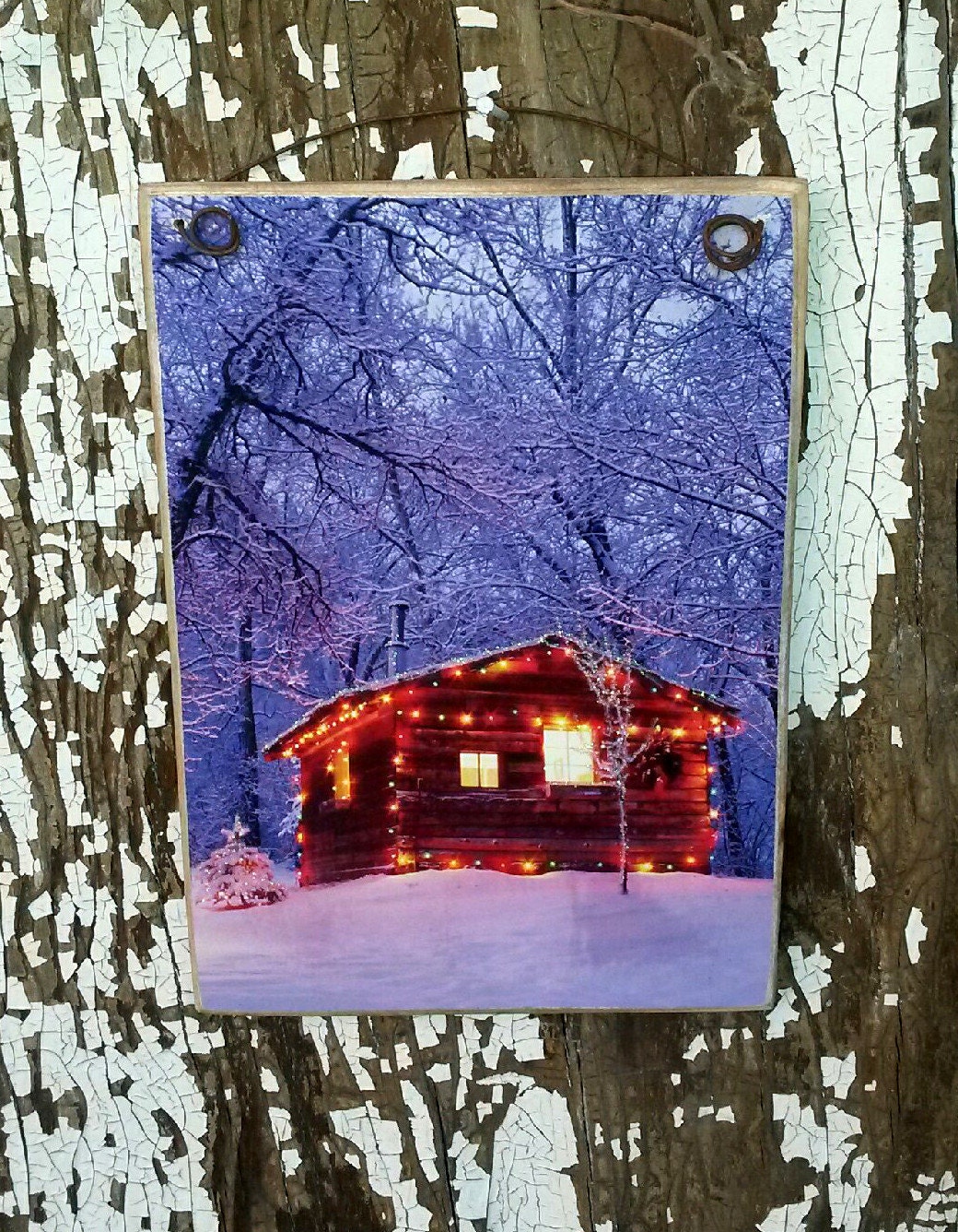 Cabin In Winter At Sunset / Picture Plaque / Handmade in USA