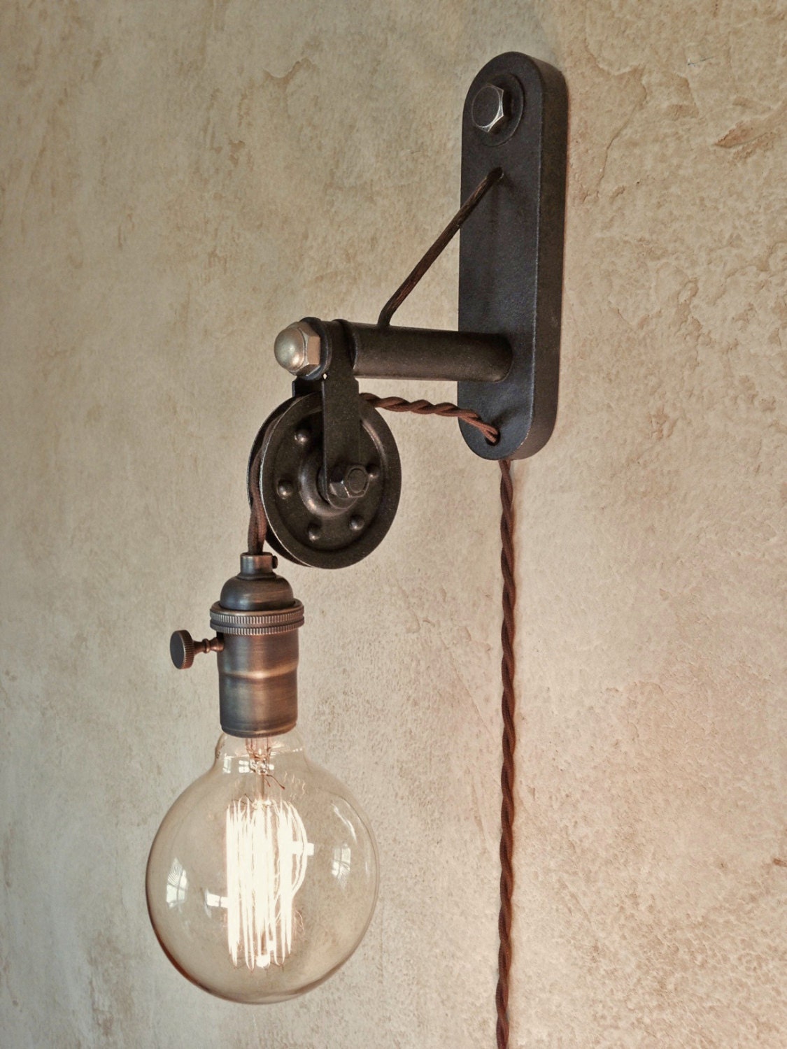Industrial Pulley Sconce Lamp. Plug in. by IroncladIndustrial