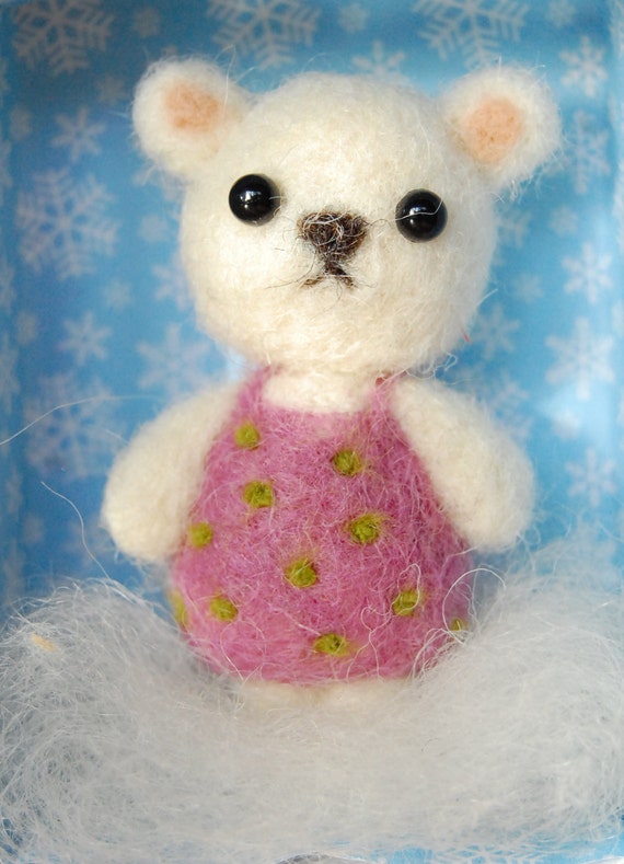 Little miss polar bear, needlefelt bear, felt animal, white with pink dress, bringer of luck and joy, felted miniature