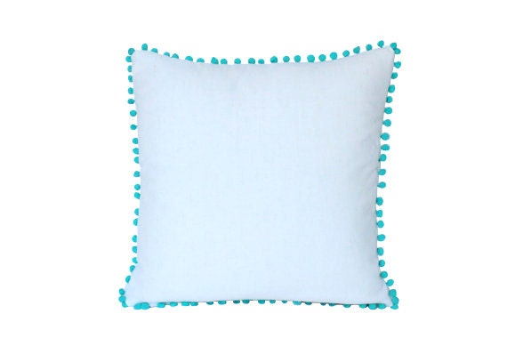 a add pom to trim pom how to pillow Pom White Blue Linen Light Pom with ThePillowStudioShop Pillow by