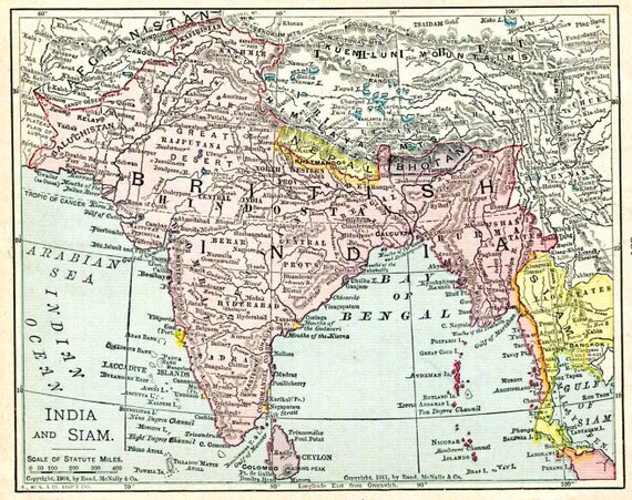 Items similar to 1904 India and Siam Map South Asia Rand McNally Early ...