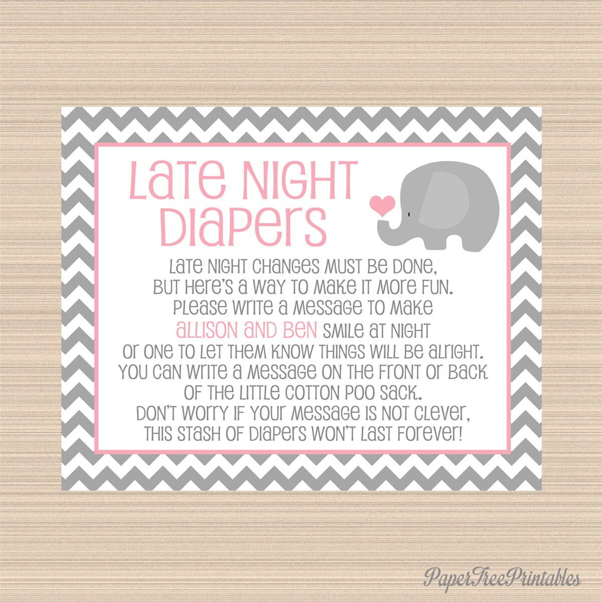 Elephant Baby Shower Late Night Diapers by PaperTreePrintables