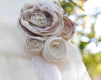 Wedding dress sash belt bridesmaids maternity sash fabric flower ivory cream taupe brown pearl feather bridal sash photo prop wedding sash