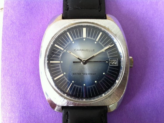 Vintage Men's Watch Caravelle by Bulova Date Window Blue Dial 1977 Mad ...