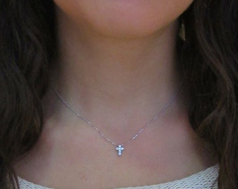 cross gold necklace diamond tiny 14k