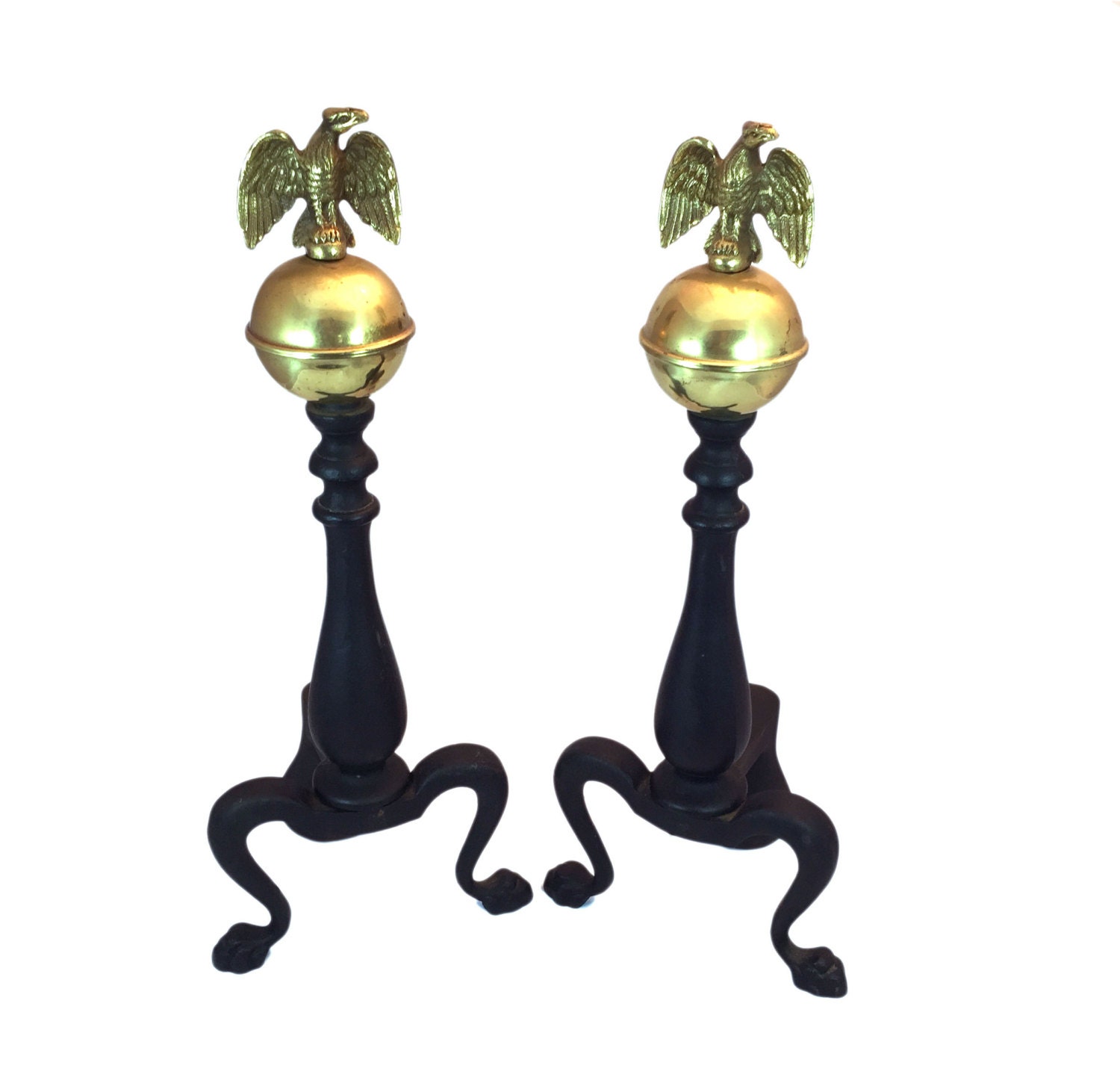 Vintage Cast Iron & Brass Eagle Fireplace Stanchions or