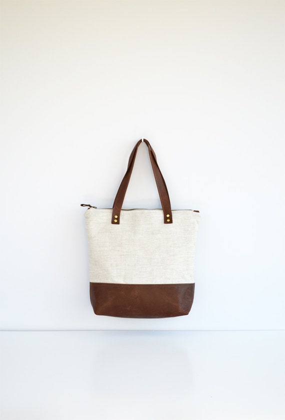 Pure linen and leather zipper tote bag by ForestBags on Etsy