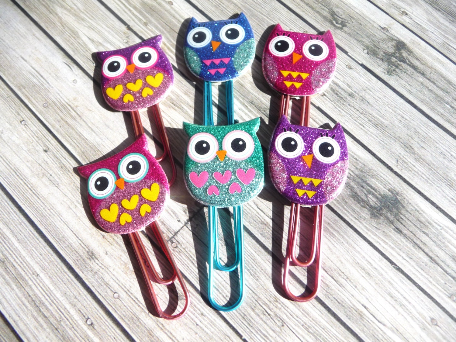 6 Glitter Owls Decorative Paper Clips Book & Page Marker