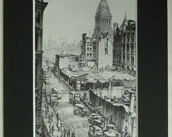 1970s Vintage E Owen Jennings Print of 'Building the Headrow, Leeds' Northern England architecture, architectural construction site decor