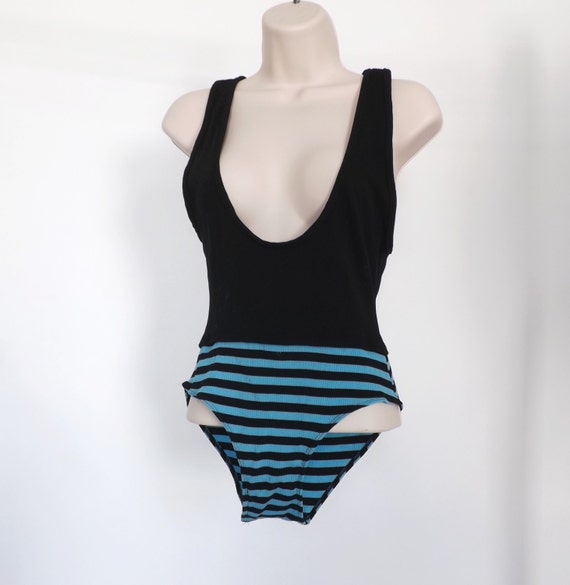 Vintage 1980s 90s Bodysuit Leotard Black Teal Blue Striped 8485