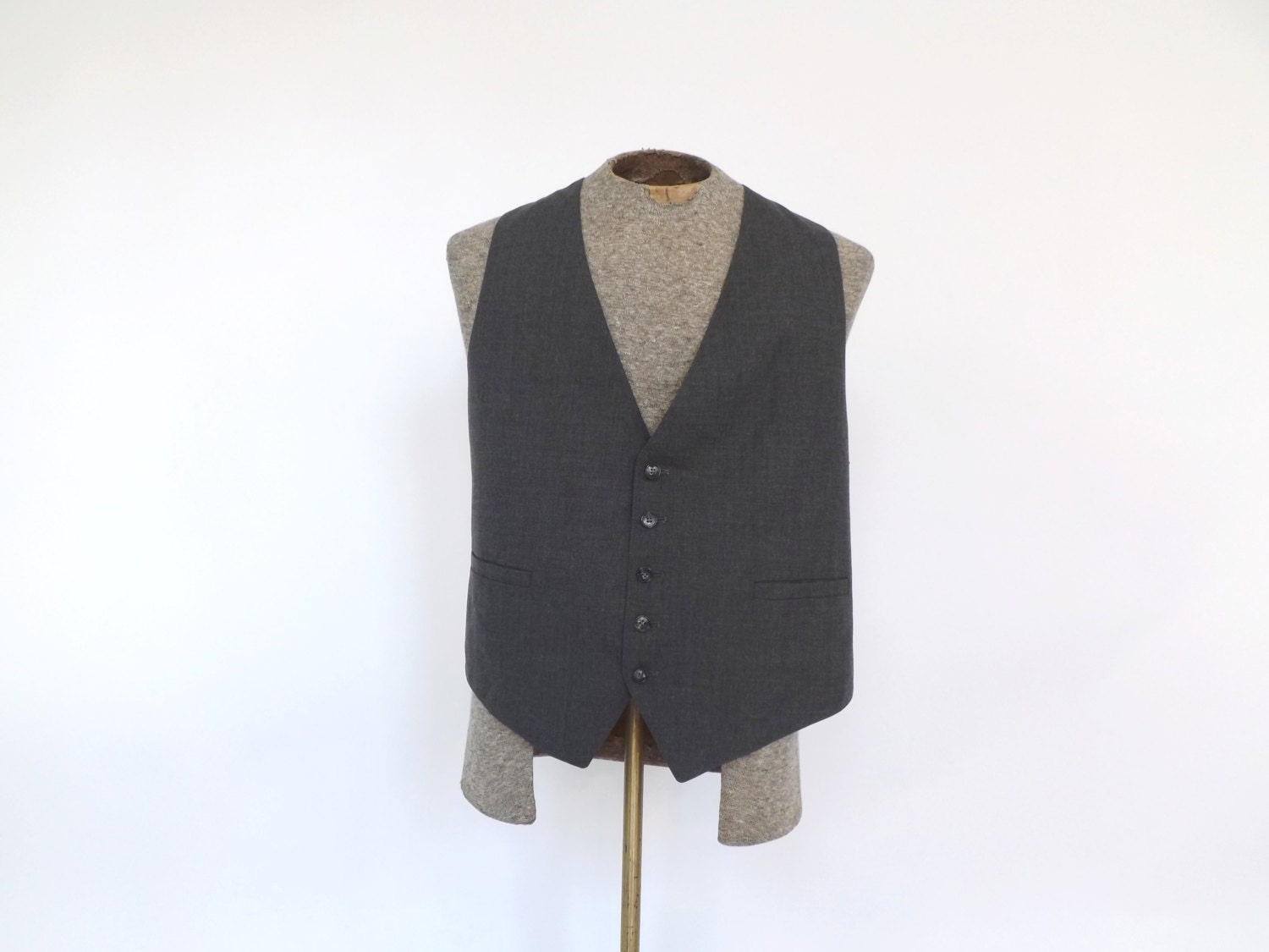 Vintage 1960s 70s Mens Heather Gray Vest Suit Button up Vest