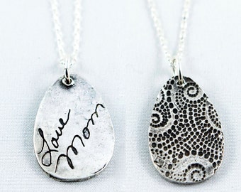 Memorial Jewelry Signature Necklace Your Loved One's Actual Writing or Signature on a Tear Drop Silver Pendant - Handwriting Jewelry