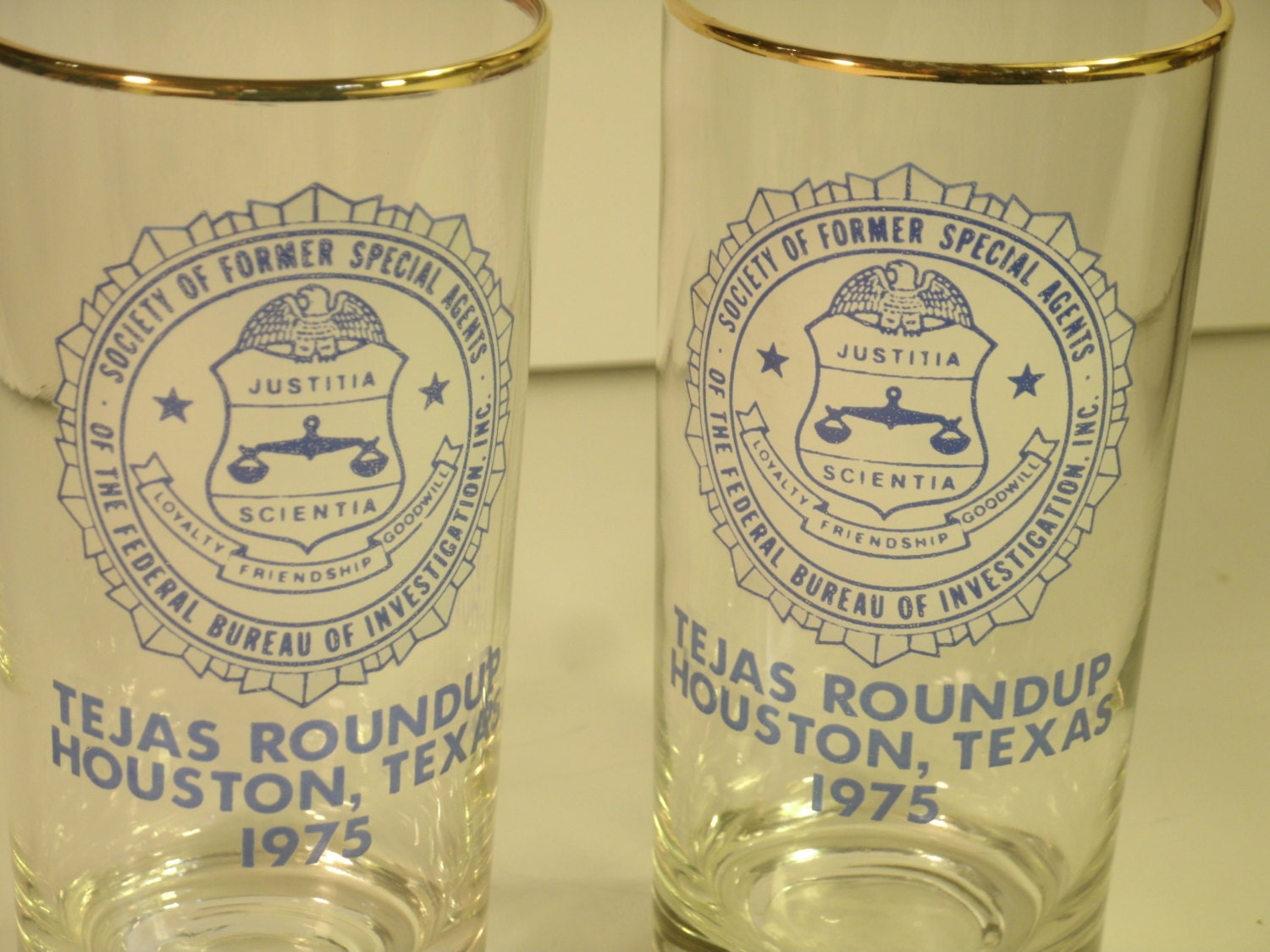 Pair FBI Agent Tall Drinking Glasses Vintage 1975 Bar Glass