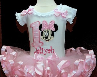 Adorable Minnie Mouse Birthday Tutu Outfit, ribbon trim tutu, 1st birthday tutu outfit, birthday tutu, 1st birthday outfit girl, tutu dress