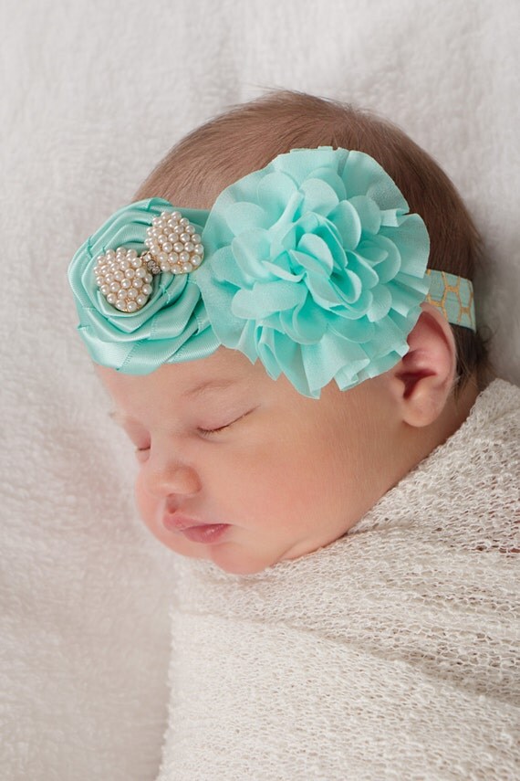 Items similar to Aqua Flower Headband, Gold Aqua Headband, Aqua Baby Headband, Gold Baby