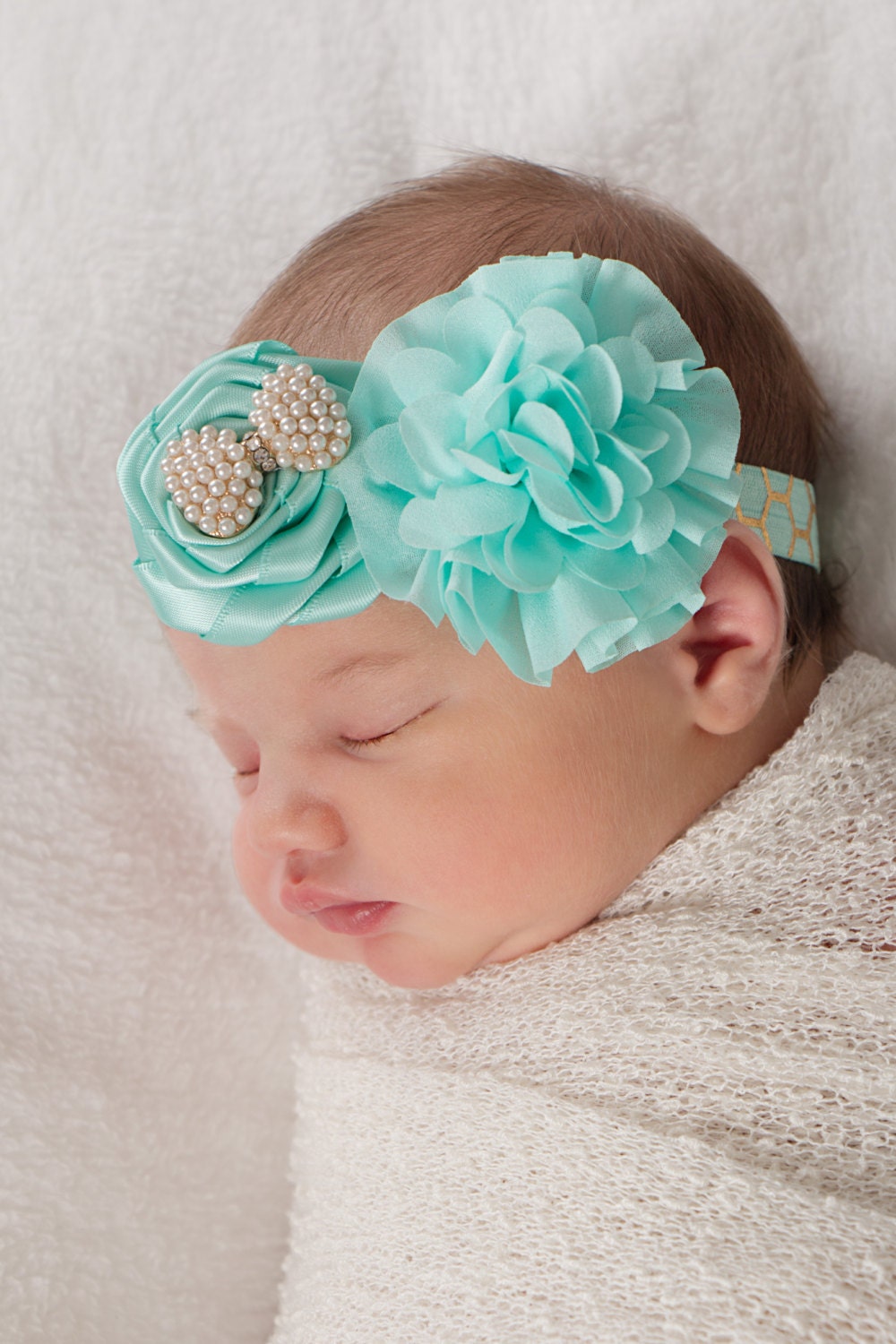 Aqua Flower Headband Gold Aqua Headband Aqua by KennasKlippiesBows