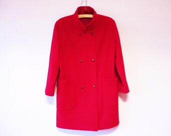 Red Wool Pea Coat Women Double Breasted Coat Red Winter Parka Short Autumn Coat with Leather Buttons Long Women Jacket Size Large