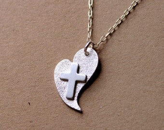 Silver Heart Cross Necklace - Heart Necklace - Cross Necklace - Silver - Fine