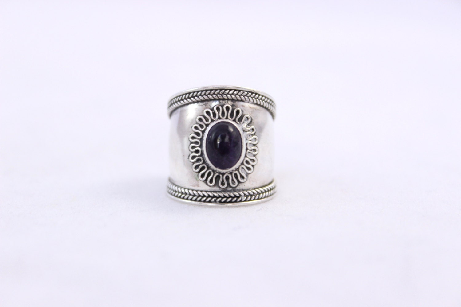 Sterling Silver Amethyst Cigar Band Ring Wide by TexasGalTreasures