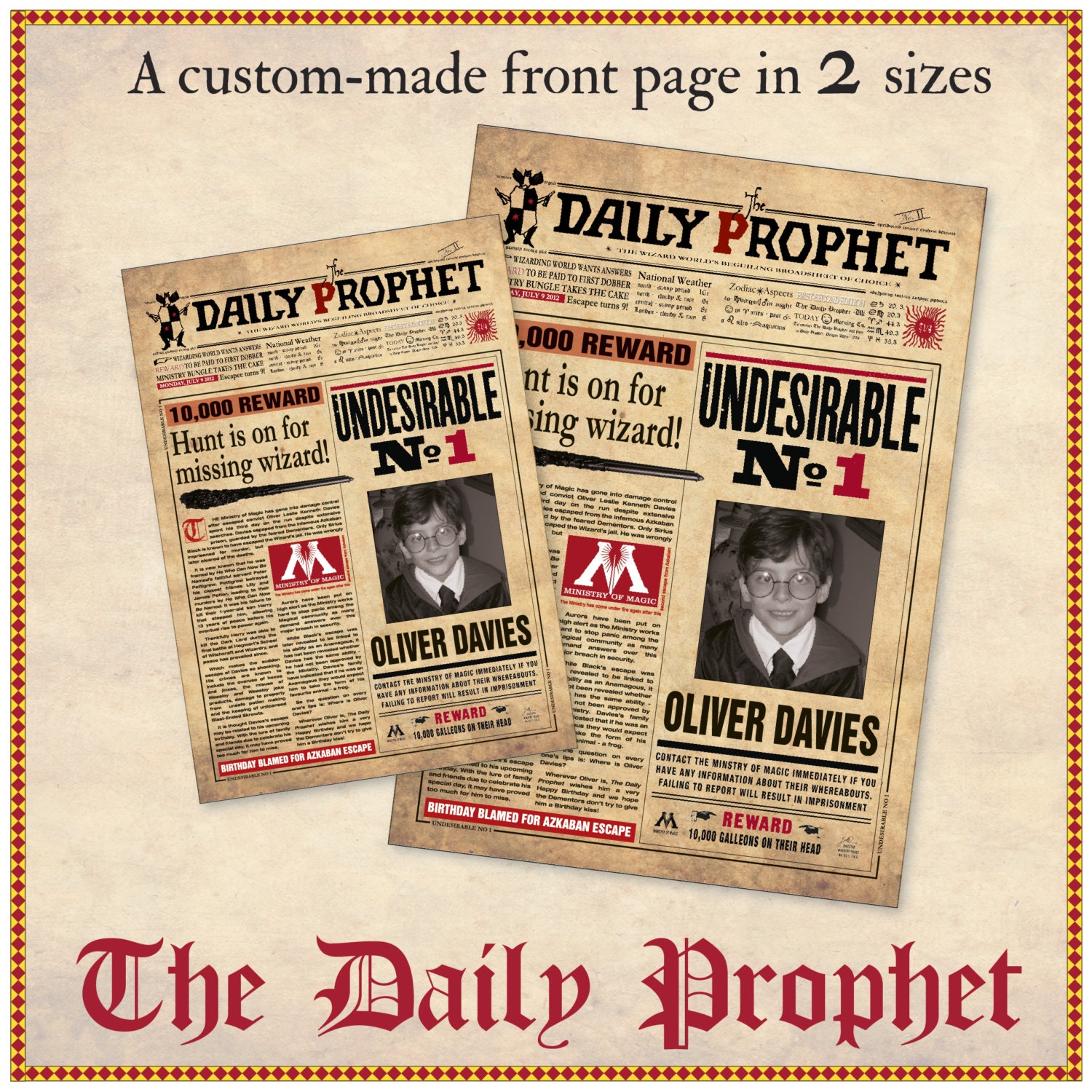 Printable Harry Potter Daily Prophet Front Page Custom Made