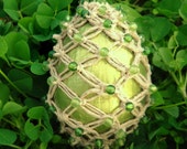Spring SALE unusual olive green macrame egg - hemp macrame & green beads on hand painted metallic egg, includes stand, optional hanging line
