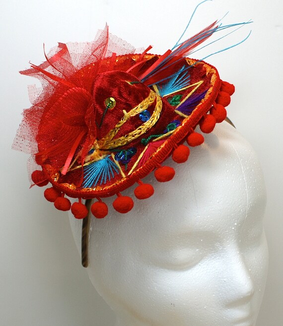 Mini Sombrero Hair Fascinator Headband Red Mexican by HatHiveHoney