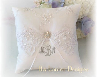 Ring Bearer Pillow, White Ring Bearer Pillow, Monogrammed Ring Bearer Pillow, Personalized Ring Bearer Pillow