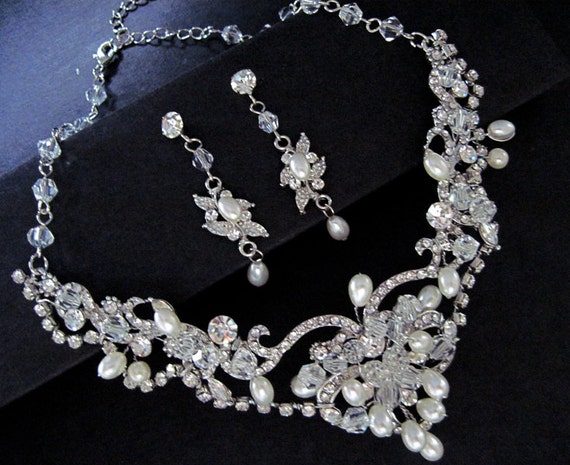 Bridal pearl crystal jewelry set V shape by ALBridalAccessories