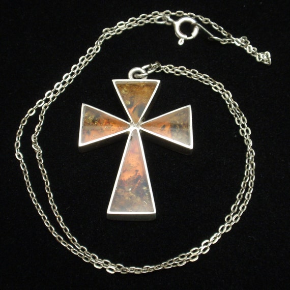Amber Cross Pendant Necklace Sterling Silver Vintage