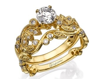 leaves engagement set yellow gold set wedding set jewelry set gold set - Yellow Gold Wedding Ring Sets leaves engagement set yellow gold set wedding set jewelry set gold set - Yellow Gold Wedding Ring Sets