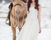 Ivory Lace and Silk Wedding Dress with Cap Sleeves and Low Back - Evangeline Gown